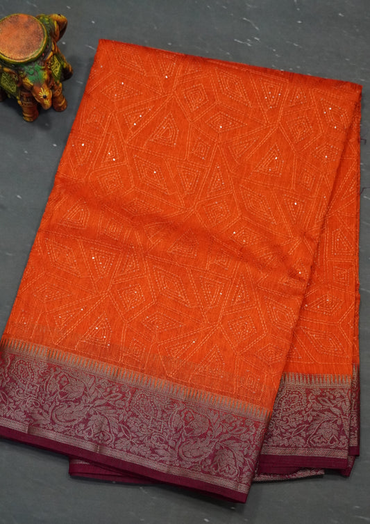 Bamboo Silk Saree-Bright Orange Sequence Work