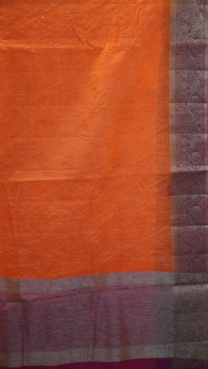 Bamboo Silk Saree-Bright Orange Sequence Work