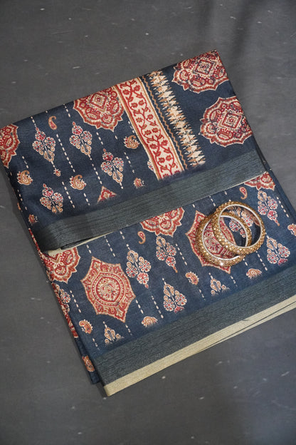 Art Printed Silk Saree -Ajrakh Pattern Navy Blue