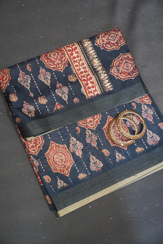 Semi Printed Silk Saree -Ajrakh Pattern Navy Blue