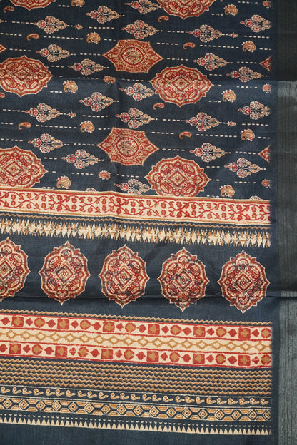 Art Printed Silk Saree -Ajrakh Pattern Navy Blue
