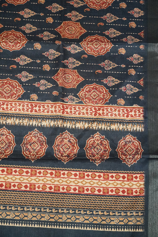 Semi Printed Silk Saree -Ajrakh Pattern Navy Blue