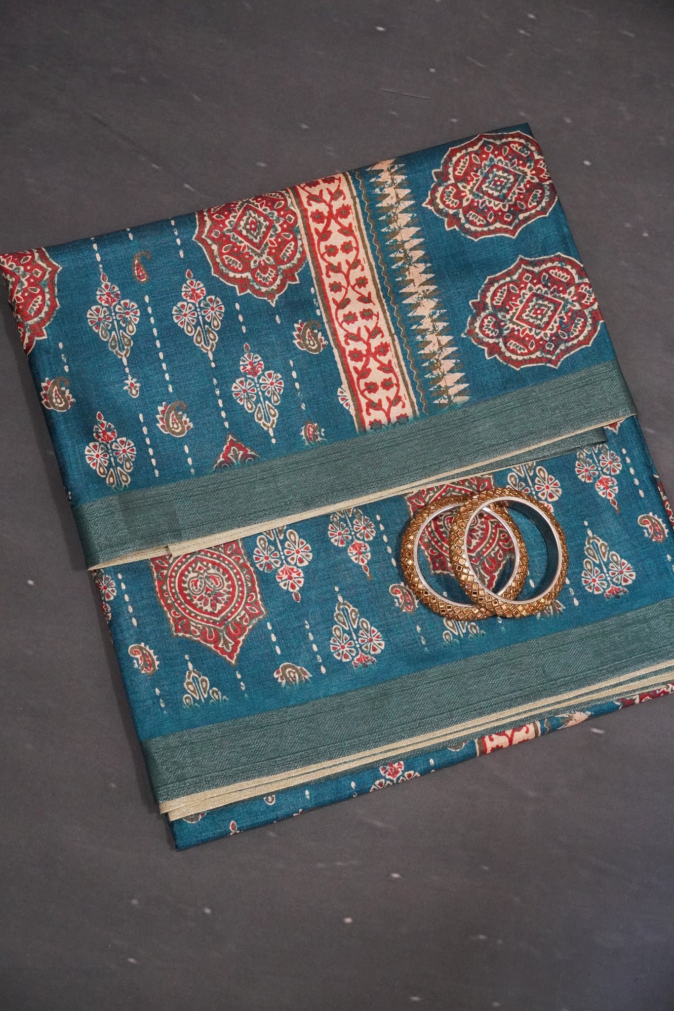 Art Printed Silk Saree -Ajrakh Pattern Ramar Blue
