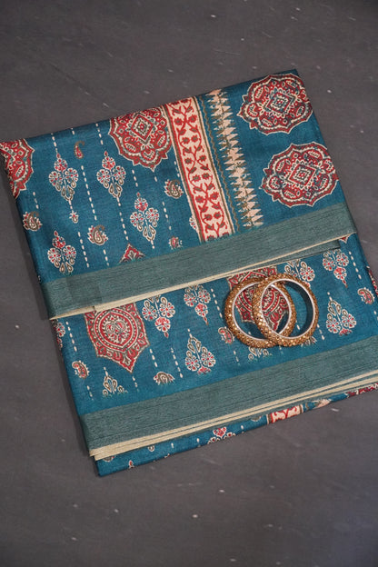 Art Printed Silk Saree -Ajrakh Pattern Ramar Blue