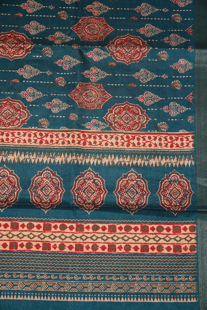 Art Printed Silk Saree -Ajrakh Pattern Ramar Blue