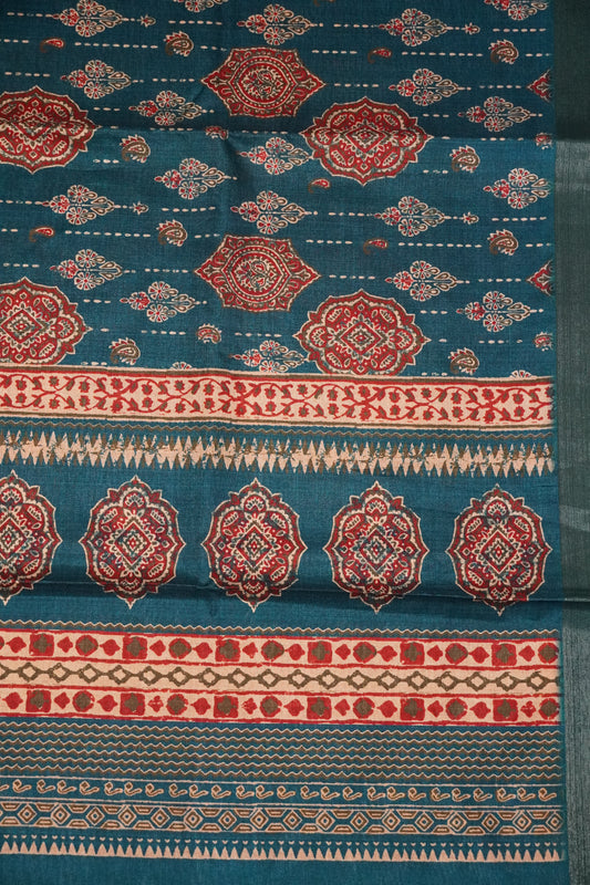 Semi Printed Silk Saree -Ajrakh Pattern Ramar Blue