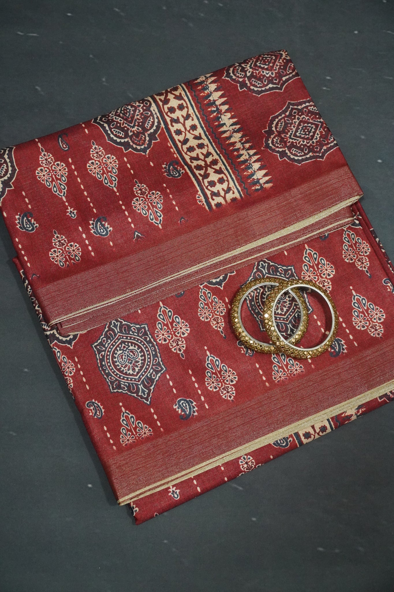 Art Printed Silk Saree -Ajrakh Pattern Maroon