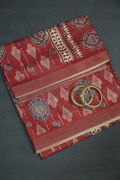 Art Printed Silk Saree -Ajrakh Pattern Maroon