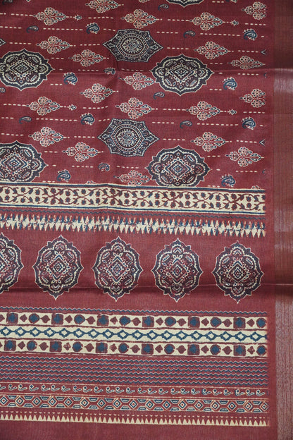 Art Printed Silk Saree -Ajrakh Pattern Maroon