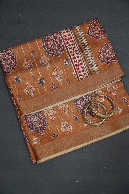 Art Printed Silk Saree -Ajrakh Pattern Mustard