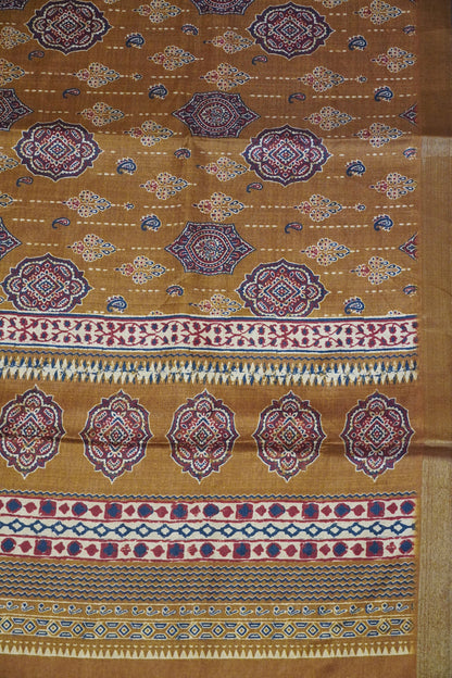 Art Printed Silk Saree -Ajrakh Pattern Mustard