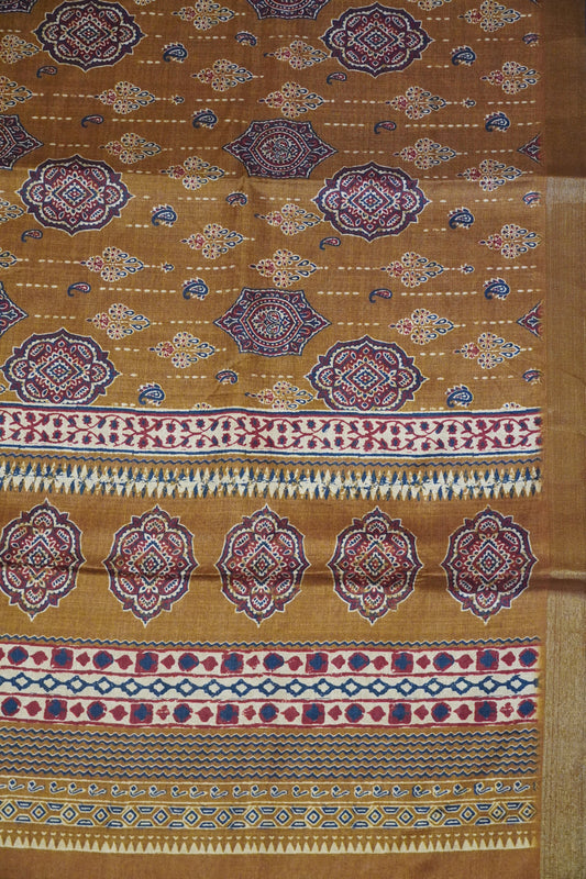 Semi Printed Silk Saree -Ajrakh Pattern Mustard