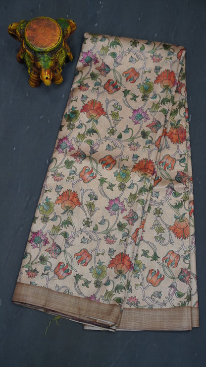 Semi Printed Silk Saree -Sandal Kalamkari Body
