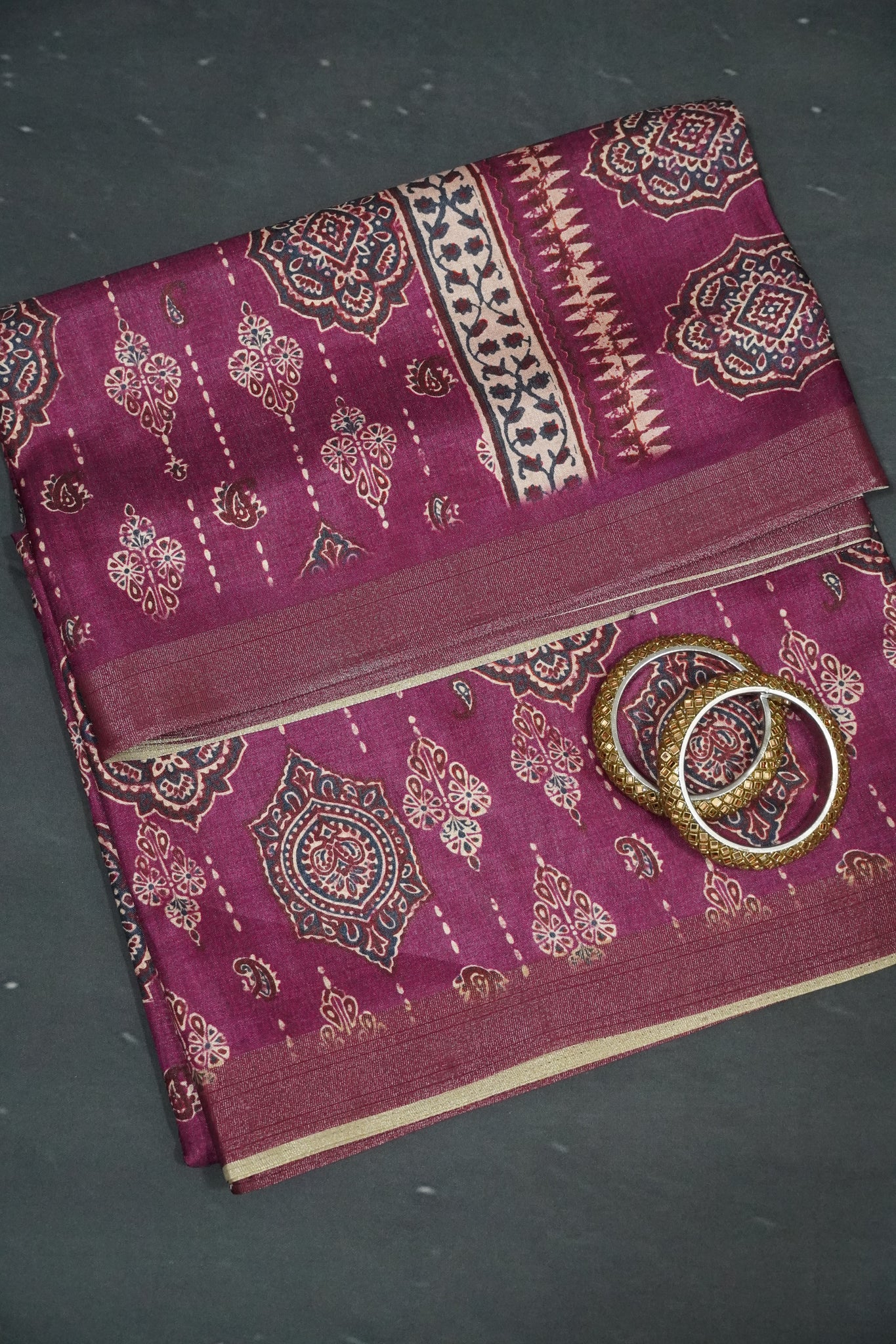 Art Printed Silk Saree -Ajrakh Pattern Purple