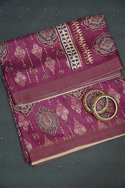 Art Printed Silk Saree -Ajrakh Pattern Purple