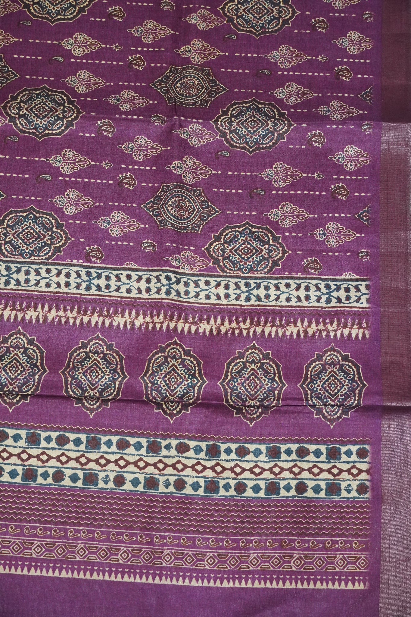 Art Printed Silk Saree -Ajrakh Pattern Purple