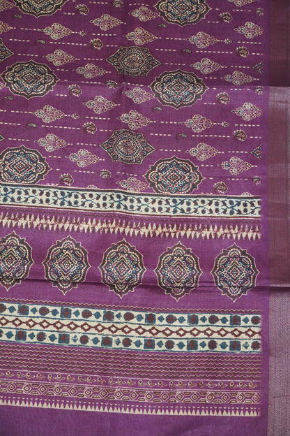 Art Printed Silk Saree -Ajrakh Pattern Purple