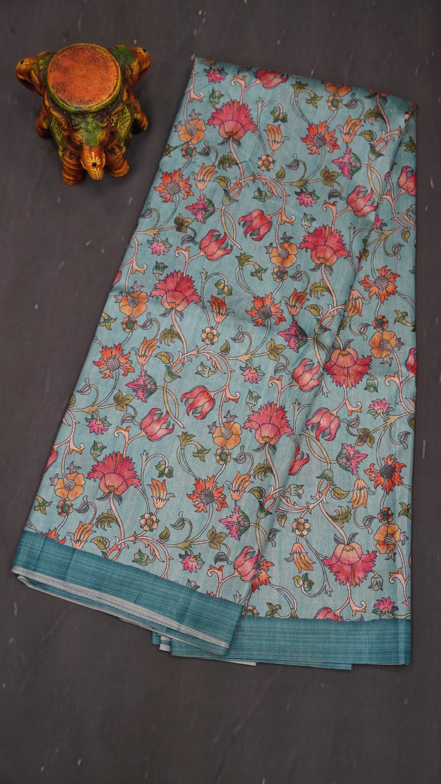 Semi Printed Silk Saree -Blue Kalamkari Body