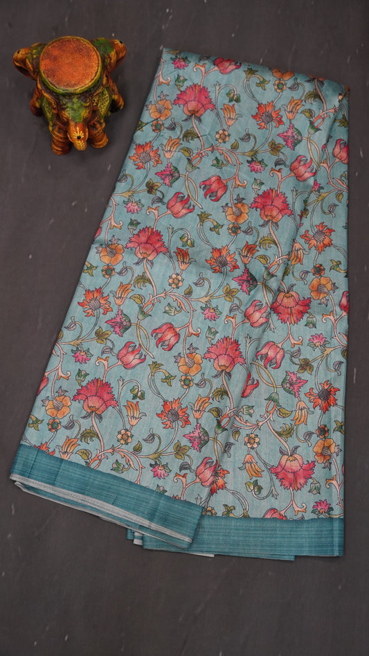 Semi Printed Silk Saree -Blue Kalamkari Body