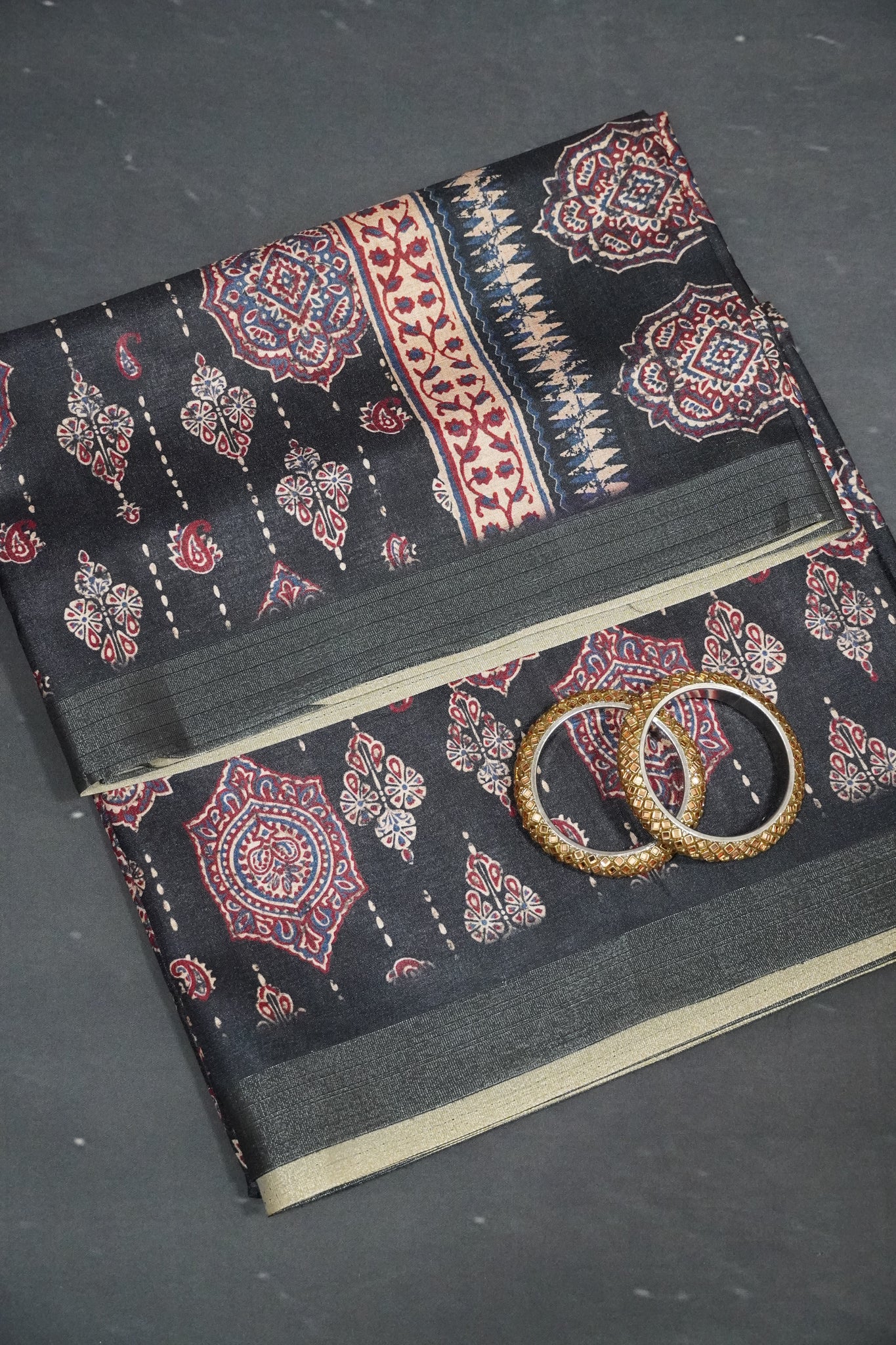Art Printed Silk Saree -Ajrakh Pattern Black