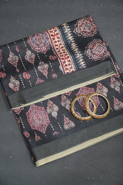 Art Printed Silk Saree -Ajrakh Pattern Black