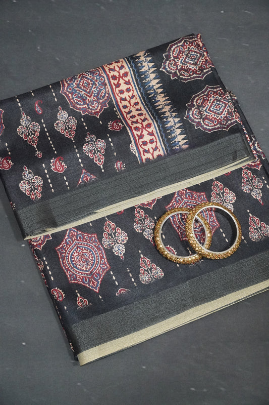 Semi Printed Silk Saree -Ajrakh Pattern Black