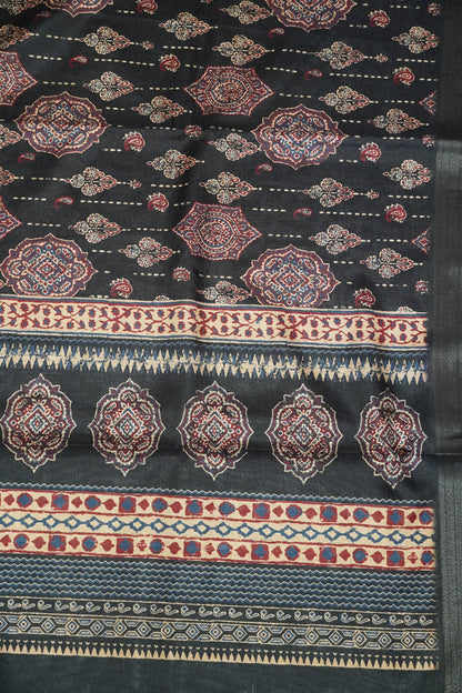 Art Printed Silk Saree -Ajrakh Pattern Black