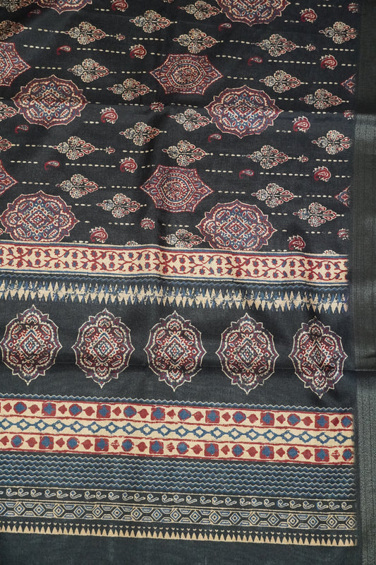 Semi Printed Silk Saree -Ajrakh Pattern Black