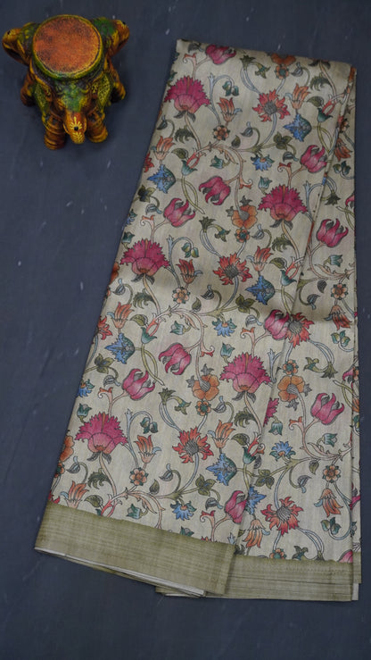 Semi Printed Silk Saree -Green Kalamkari Body