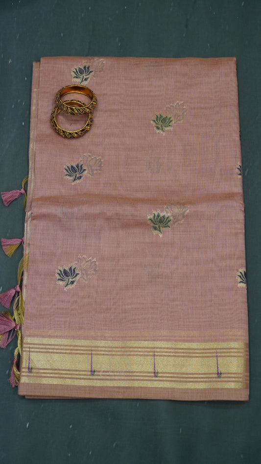Handloom Jamdani Saree-Lotus Paithani-Pale Pink