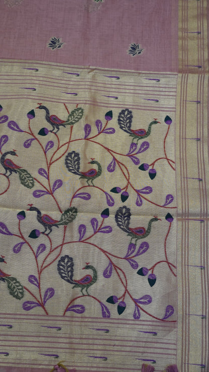 Handloom Jamdani Saree-Lotus Paithani-Pale Pink