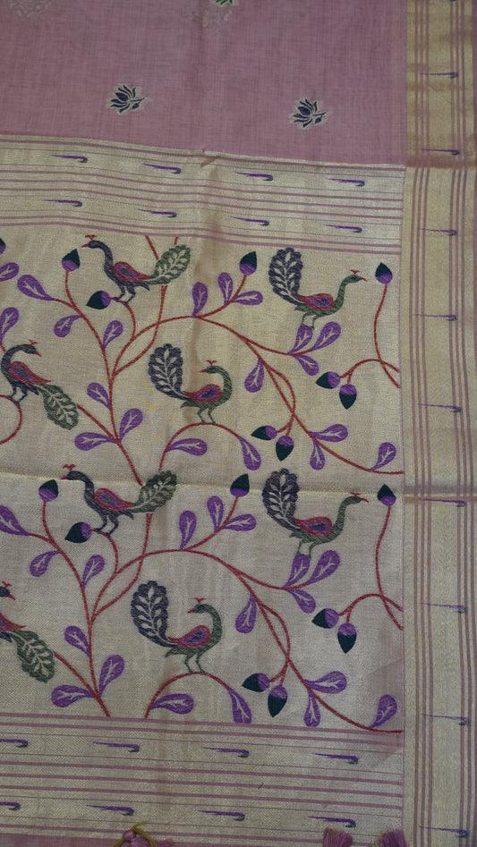 Handloom Jamdani Saree-Lotus Paithani-Pale Pink