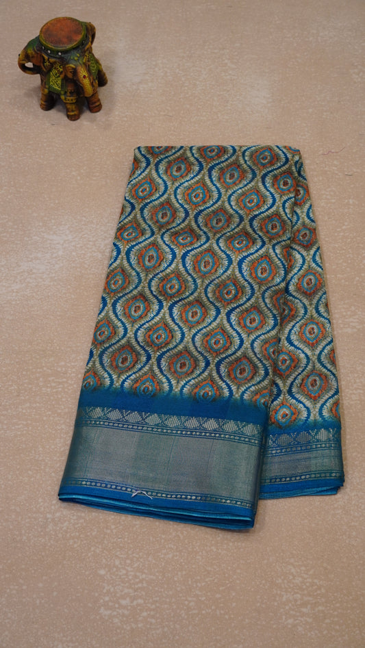 Chanderi Saree Abstract Print - Teal Blue