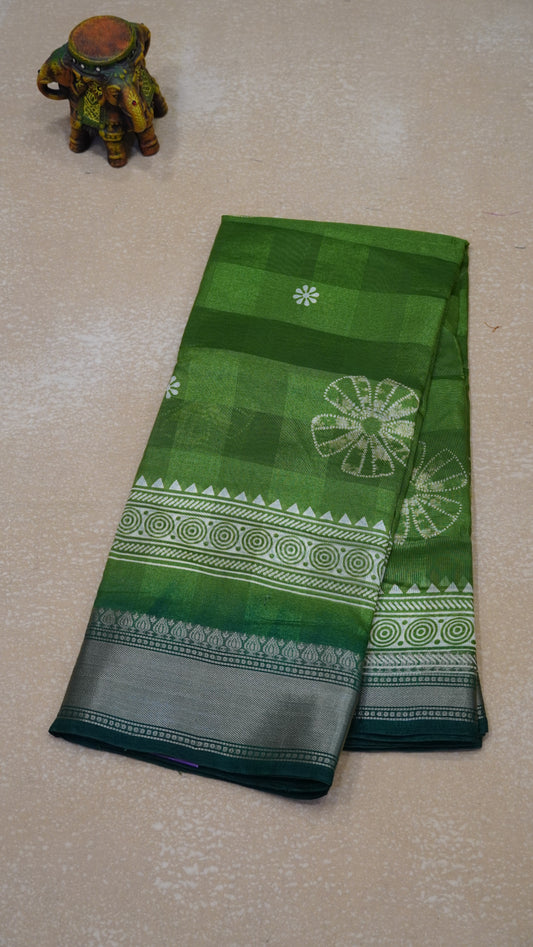 Chanderi Saree Flower Print - Green
