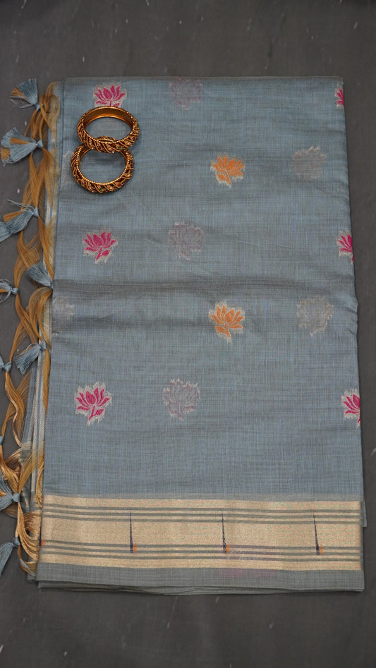 Handloom Jamdani Saree-Lotus Paithani-Greyish Blue