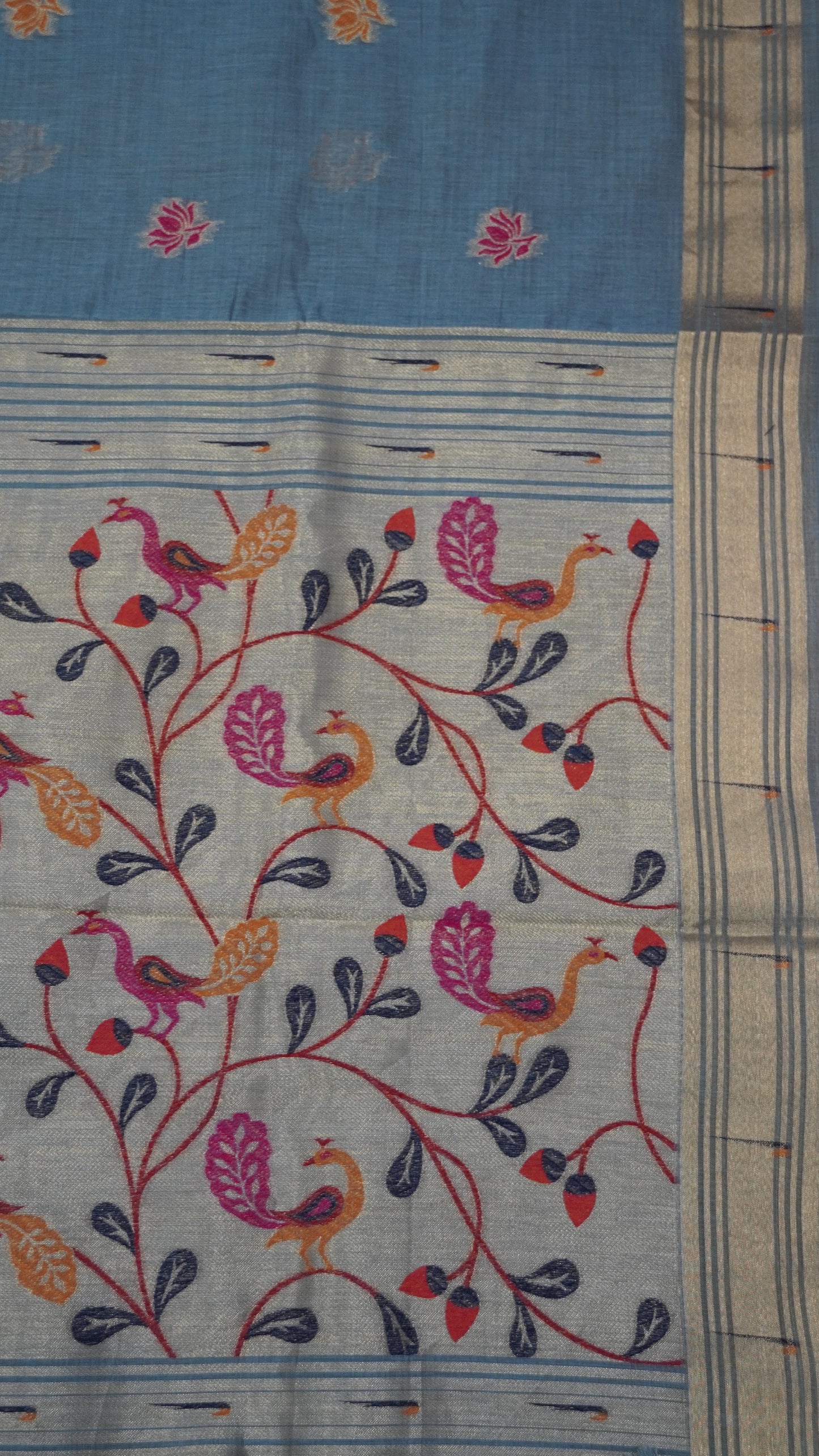 Handloom Jamdani Saree-Lotus Paithani-Greyish Blue