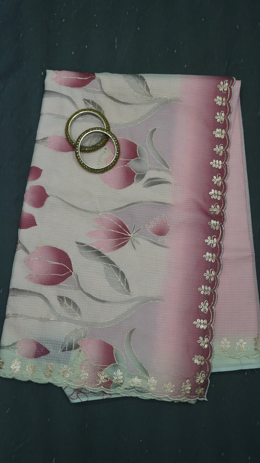 Pure Kota Saree-Dual Tone Kutch Work-Dark Pink