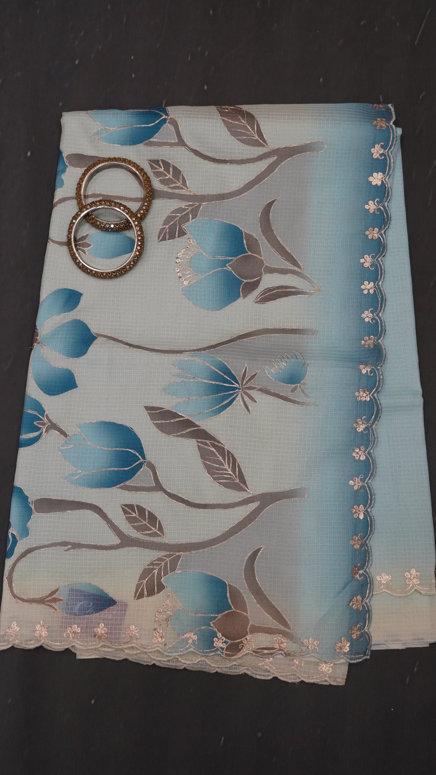 Pure Kota Saree-Dual Tone Kutch Work-Blue