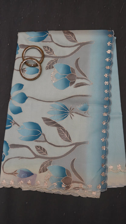 Pure Kota Saree-Dual Tone Kutch Work-Blue