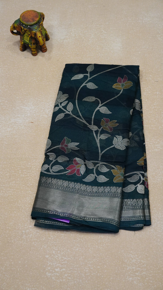 Chanderi Saree Flower Print - Bottle Green