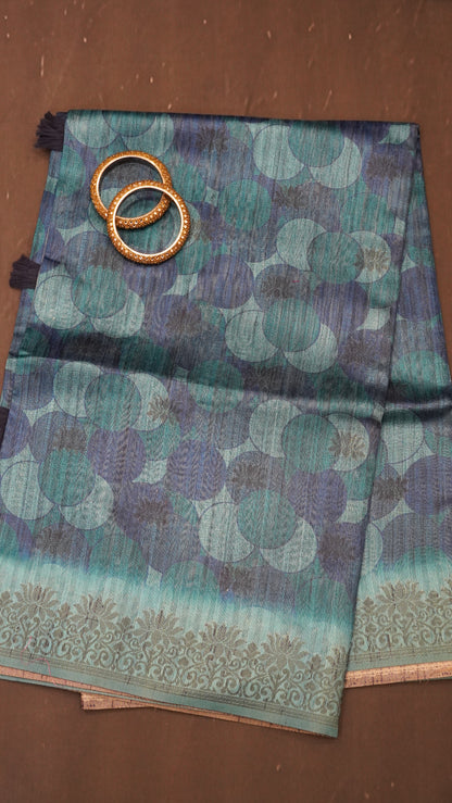 Gicha Tussar Saree -Circle Pattern Blue