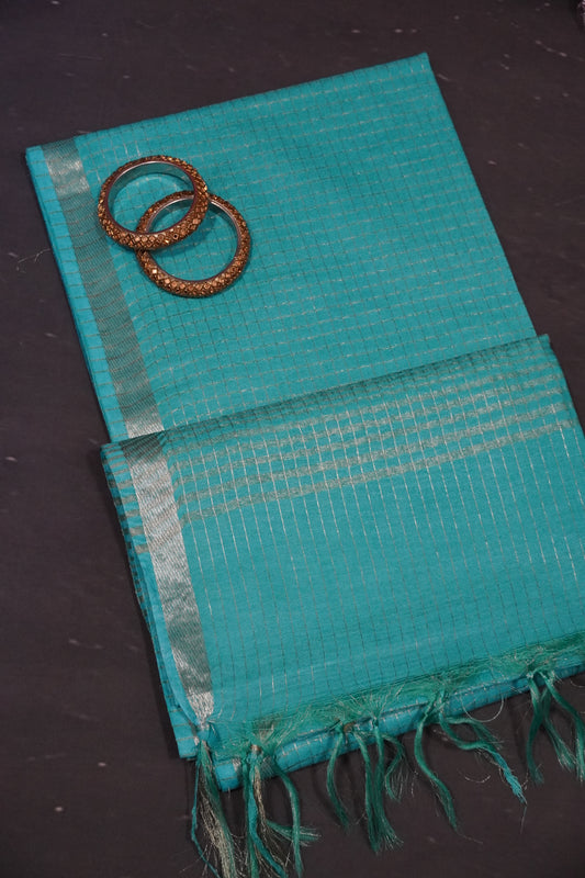 Bhagalpur Cotton Saree - Checks Sky Blue