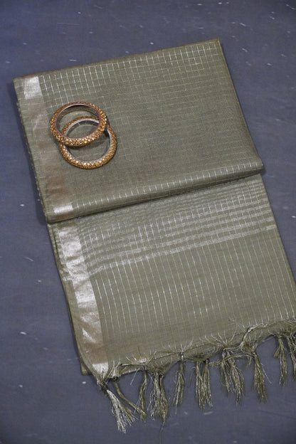 Bhagalpur Cotton Saree - Checks Sage Green