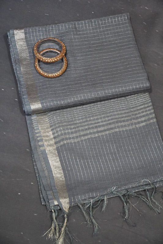 Bhagalpur Cotton Saree - Checks Grey