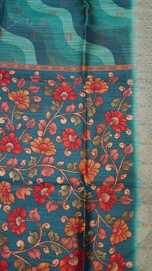 Gicha Tussar Saree -Curves Pattern Green