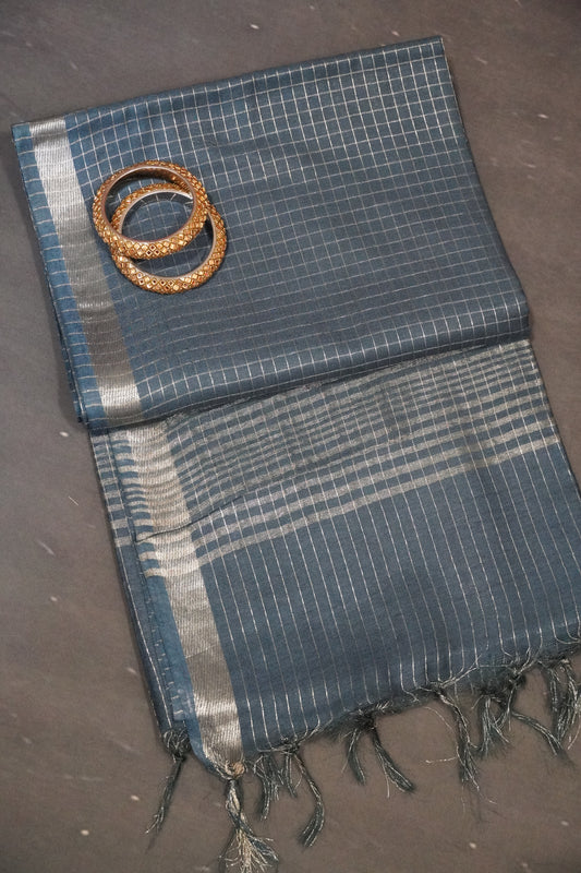 Bhagalpur Cotton Saree - Checks Peacock Blue