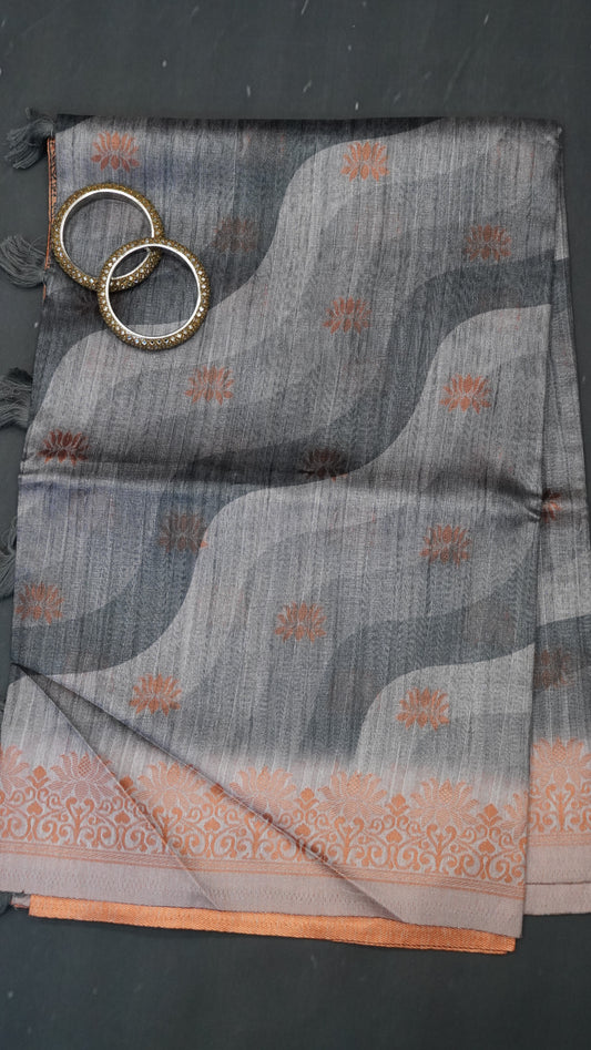 Gicha Tussar Saree -Curves Pattern Grey