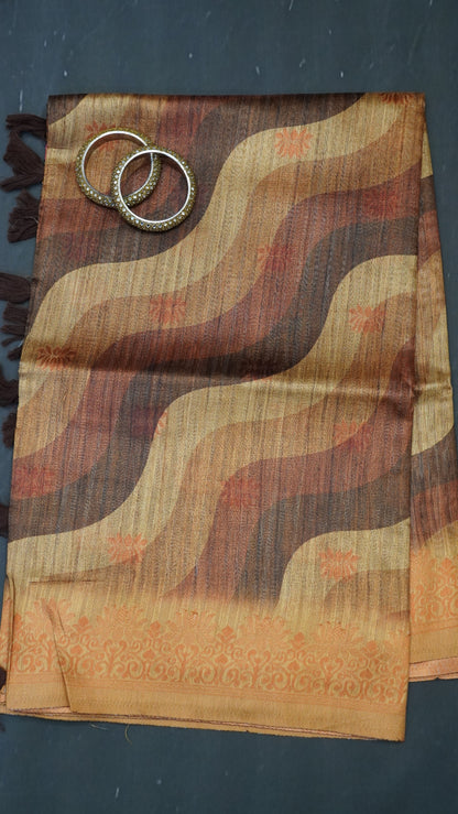 Gicha Tussar Saree -Curves Pattern Mustard