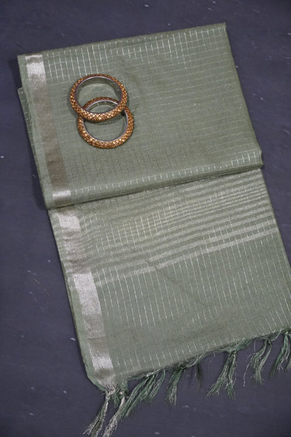 Bhagalpur Cotton Saree - Checks Light Sage Green