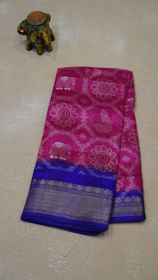 Chanderi Saree Peacock Print - Pink